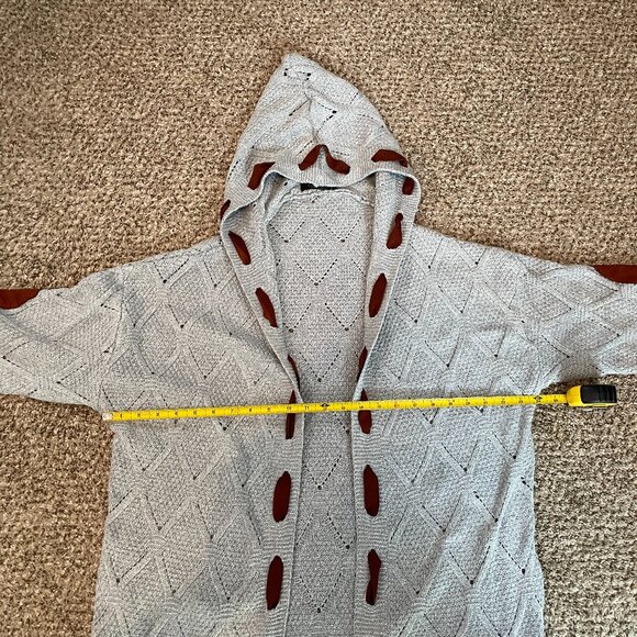 Large Camisa light gray hooded cardigan with brown elbow patches and stitching - Picture 3 of 13